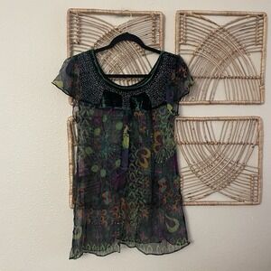 Custo Barcelona Y2K Velvet Neckline Sheer Top Blouse Fairy Goth Sz 2 NWT B34‎